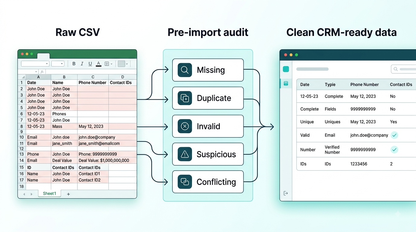 A CRM CSV export with duplicate contacts, missing required fields, invalid emails, and format inconsistencies flagged before import.