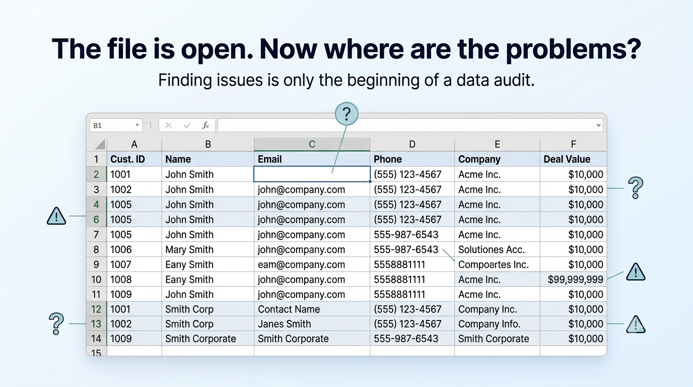 A CRM spreadsheet open in Excel with duplicate rows, missing emails, format inconsistencies, and suspicious values flagged for review.